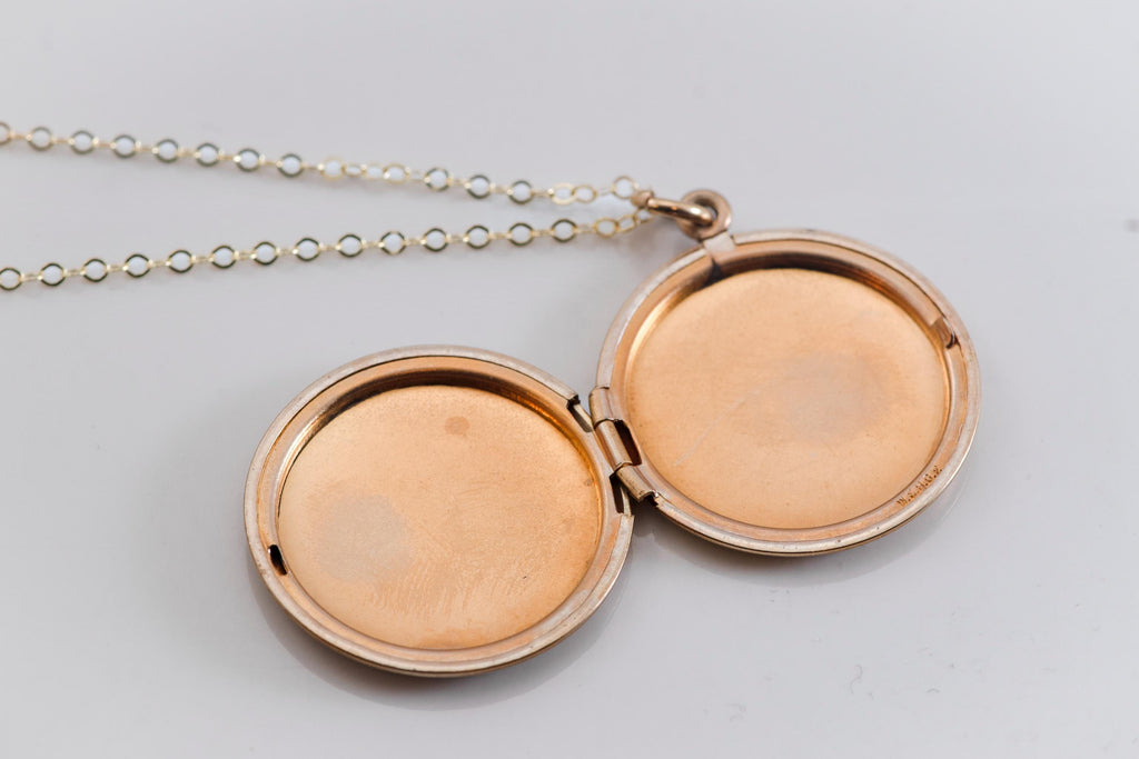 Antique Gold Filled Locket Necklace, Hand Engraved Floral Victorian Photo Pendant