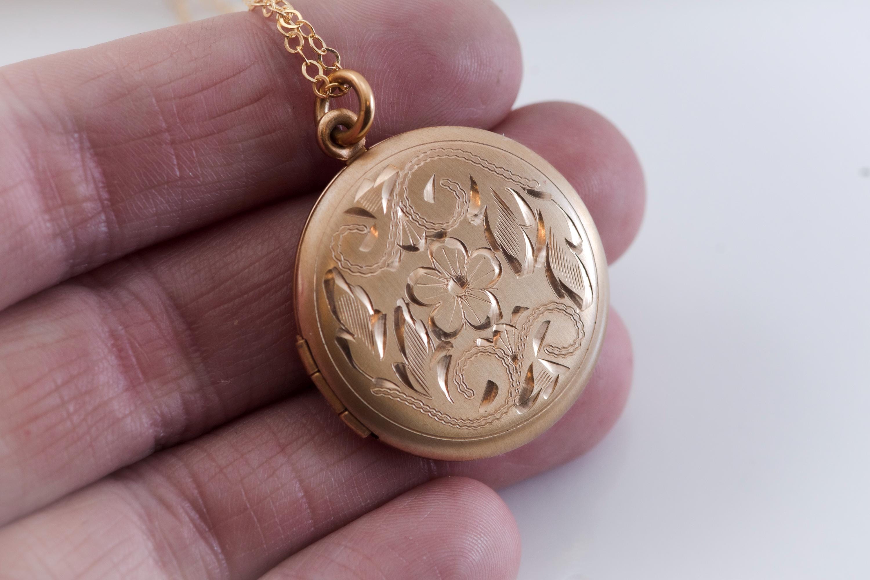 Antique Gold Filled Locket Necklace, Hand Engraved Floral Victorian Photo Pendant