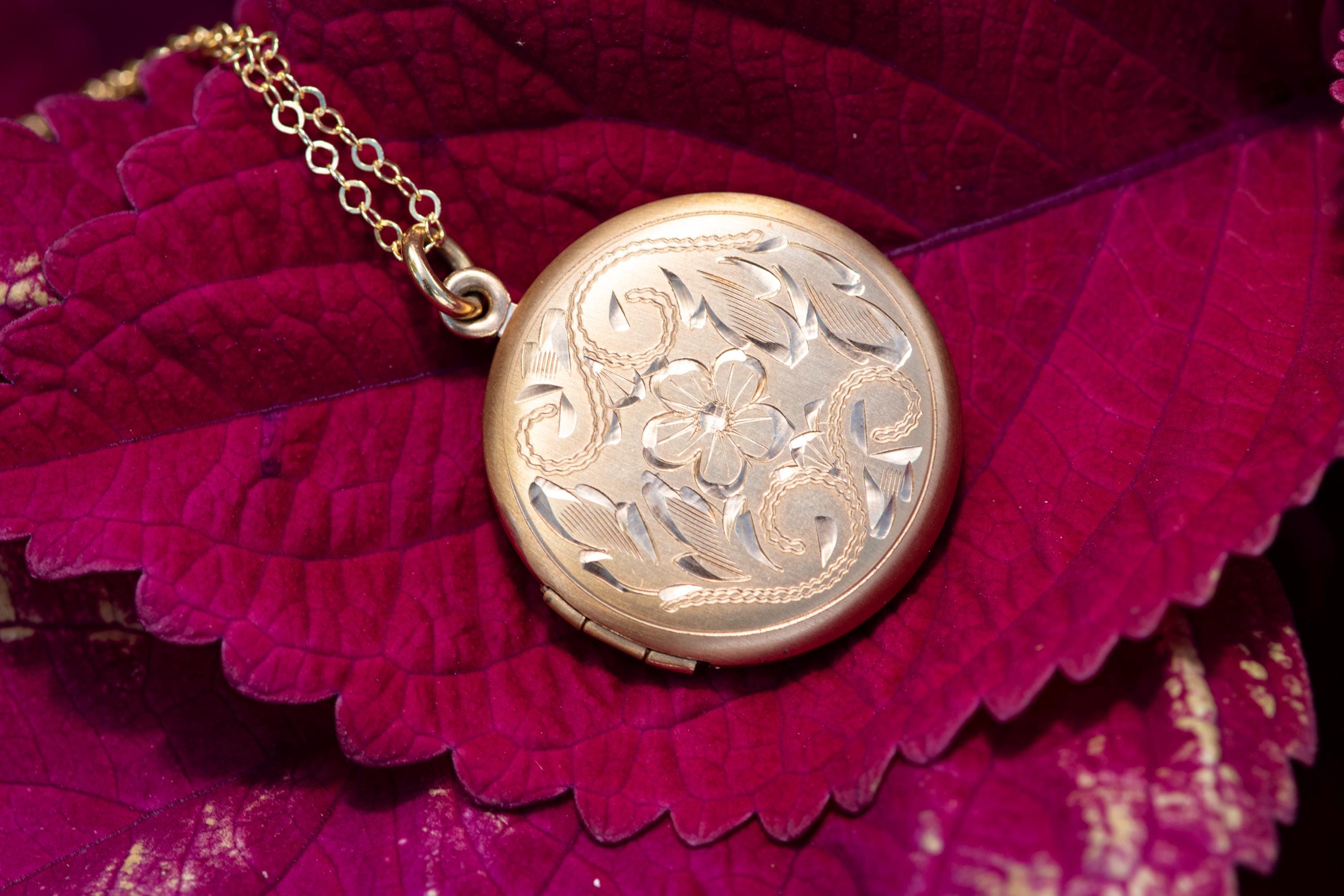 Antique Gold Filled Locket Necklace, Hand Engraved Floral Victorian Photo Pendant
