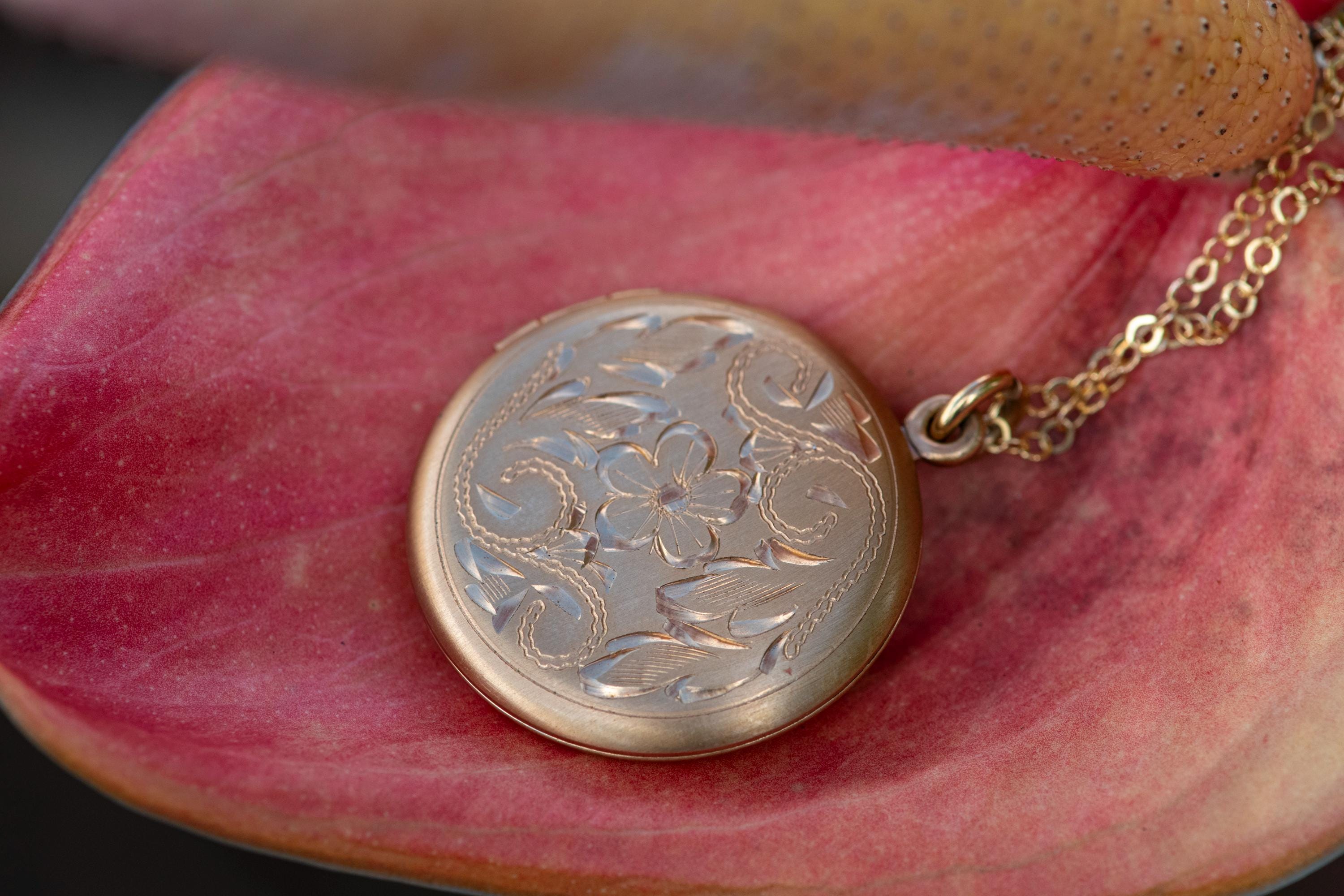 Antique Gold Filled Locket Necklace, Hand Engraved Floral Victorian Photo Pendant