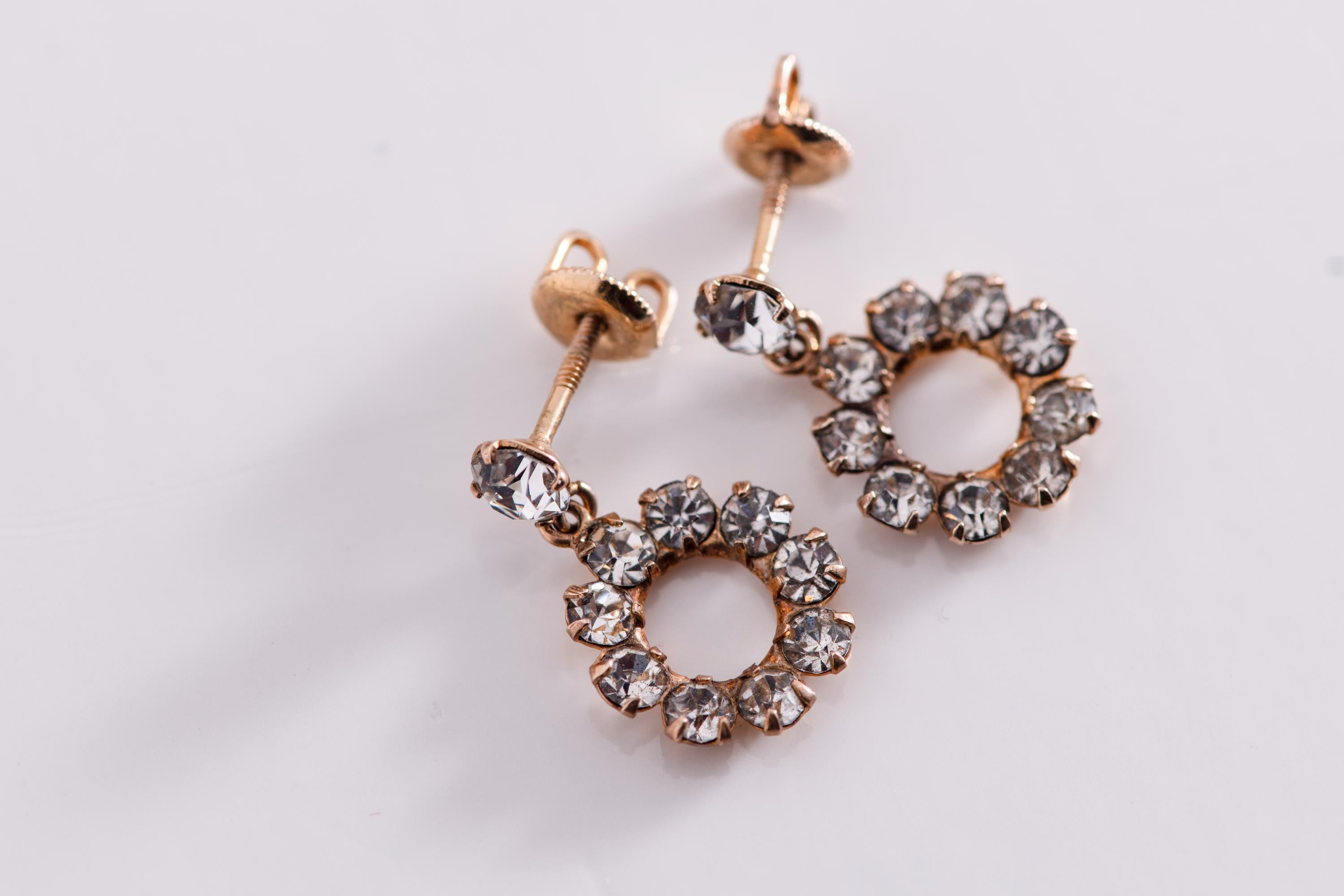 10K Gold Paste Halo Drop Earrings, Antique Style Dainty Rhinestone Dangles