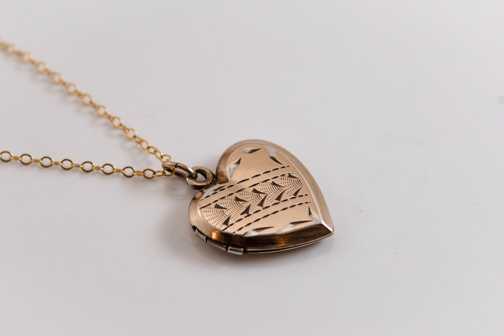 Victorian Heart Locket Necklace | 14k Gold Filled Chain, Engraved Antique