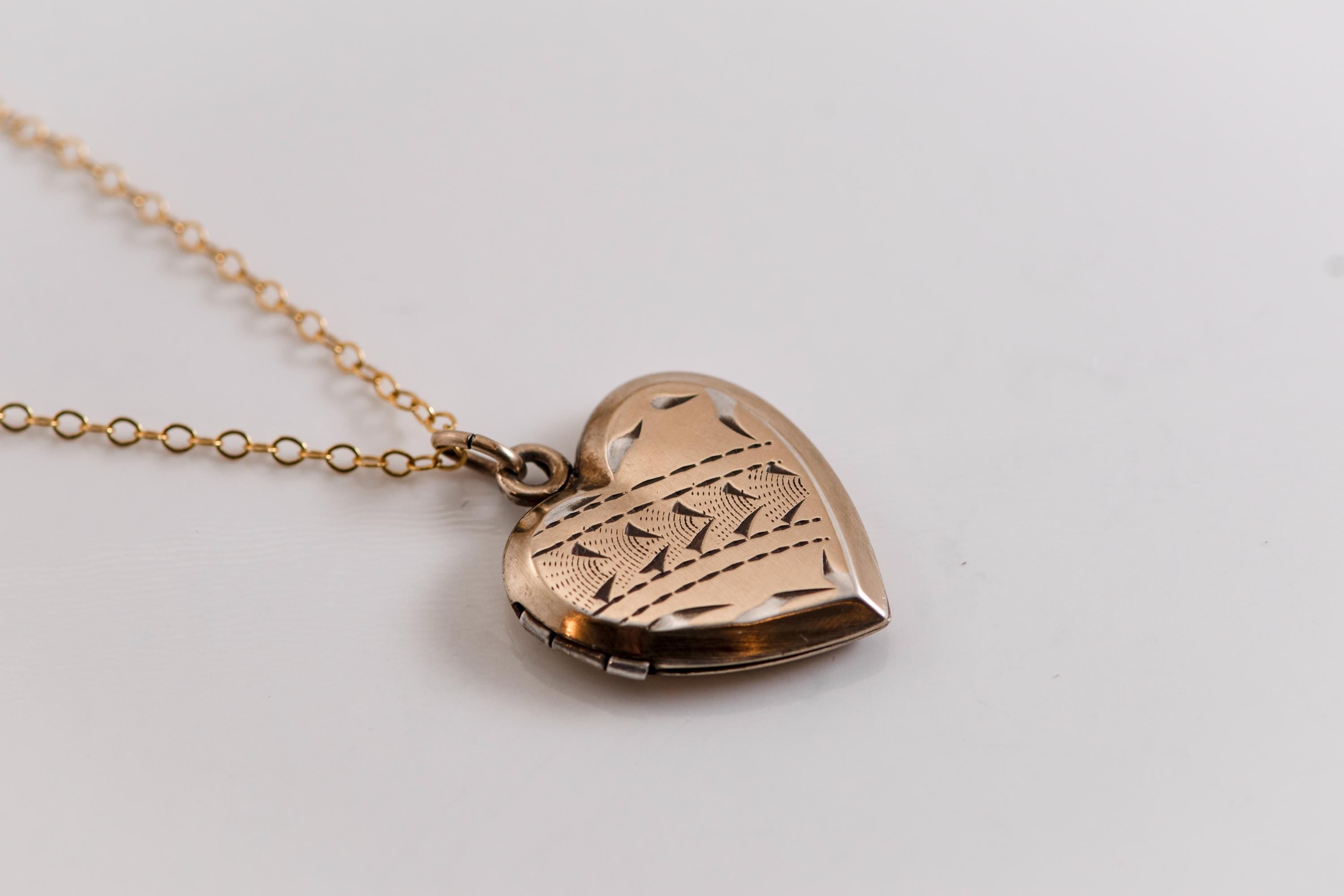 Victorian Heart Locket Necklace | 14k Gold Filled Chain, Engraved Antique