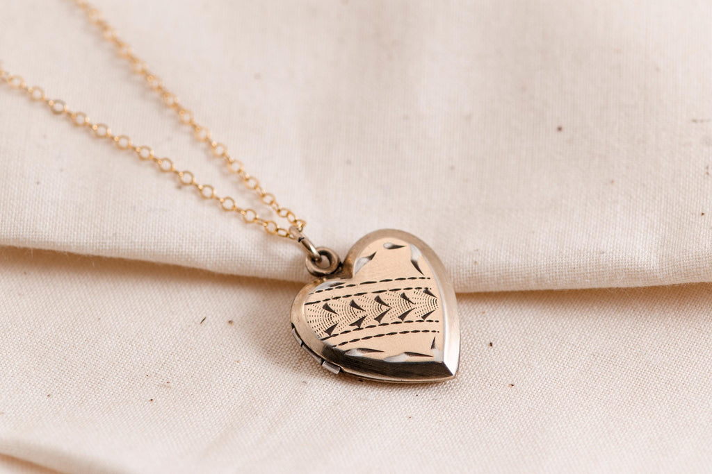 Victorian Heart Locket Necklace | 14k Gold Filled Chain, Engraved Antique