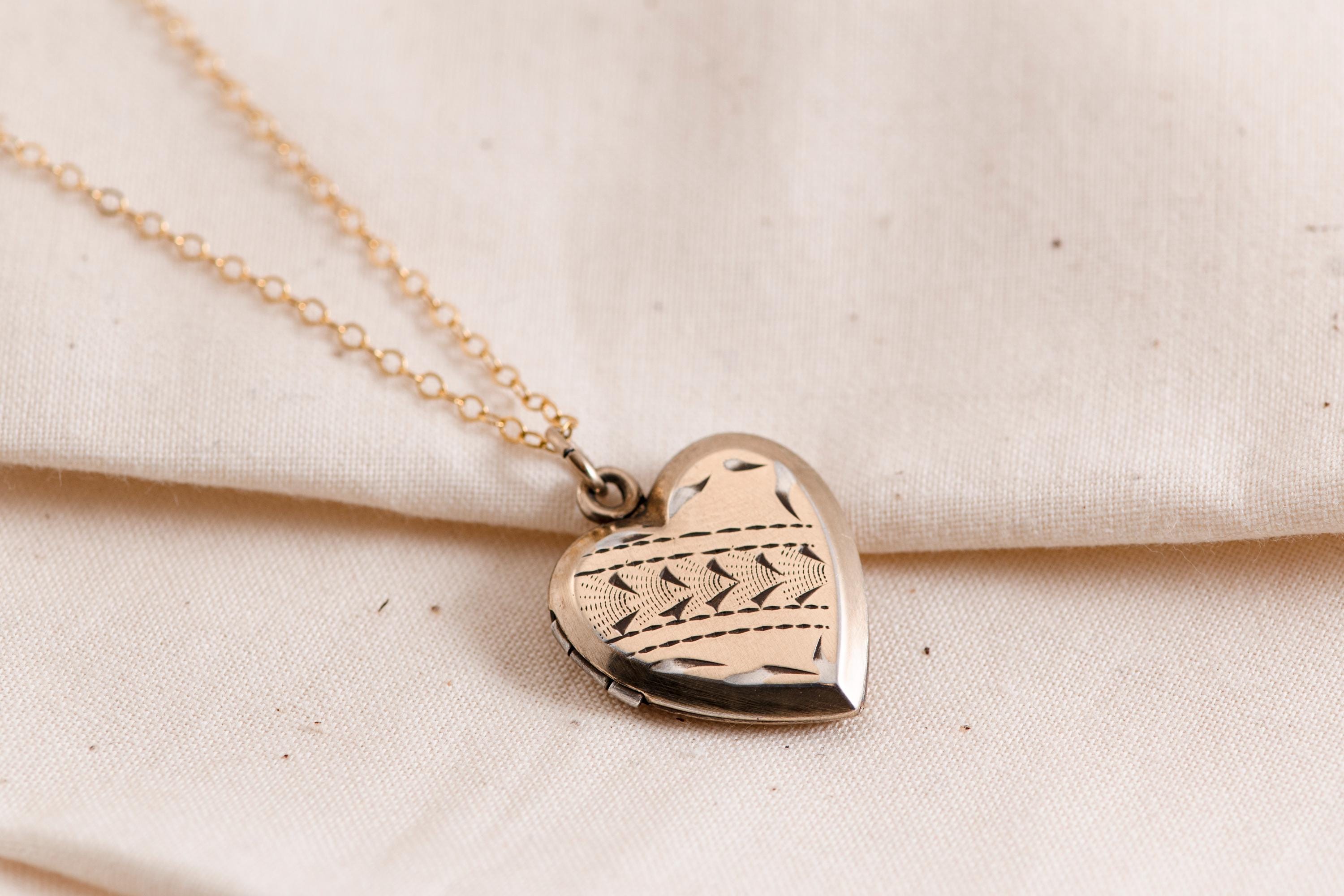 Victorian Heart Locket Necklace | 14k Gold Filled Chain, Engraved Antique