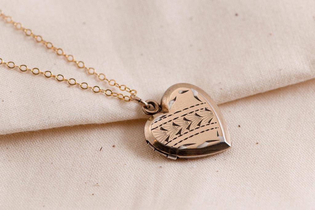 Victorian Heart Locket Necklace | 14k Gold Filled Chain, Engraved Antique