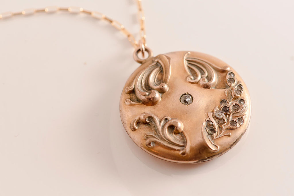Antique Art Nouveau Locket Necklace | Gold Fill Floral Pendant, Monogram