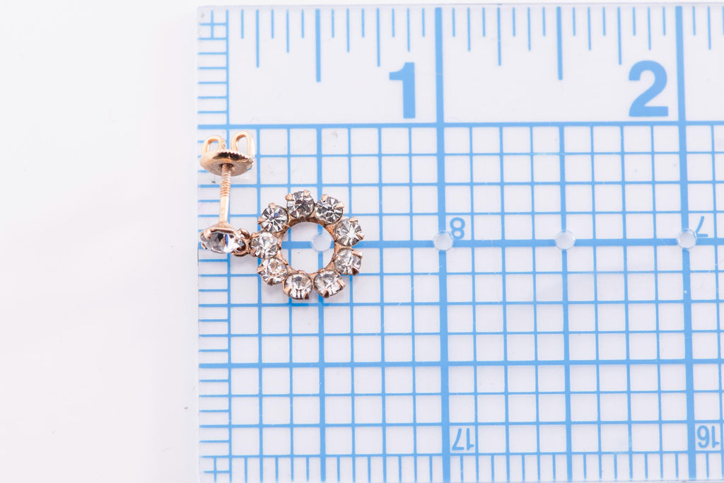 10K Gold Paste Halo Drop Earrings, Antique Style Dainty Rhinestone Dangles