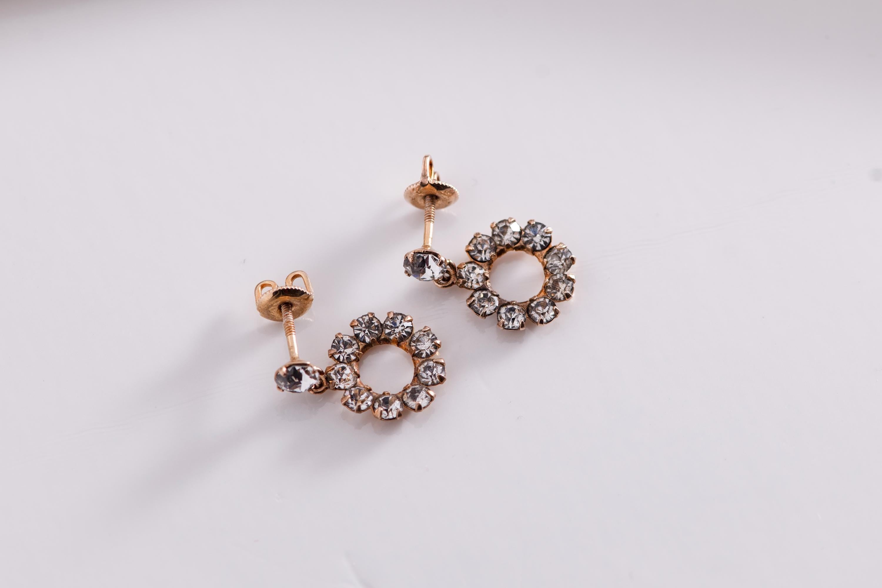 10K Gold Paste Halo Drop Earrings, Antique Style Dainty Rhinestone Dangles