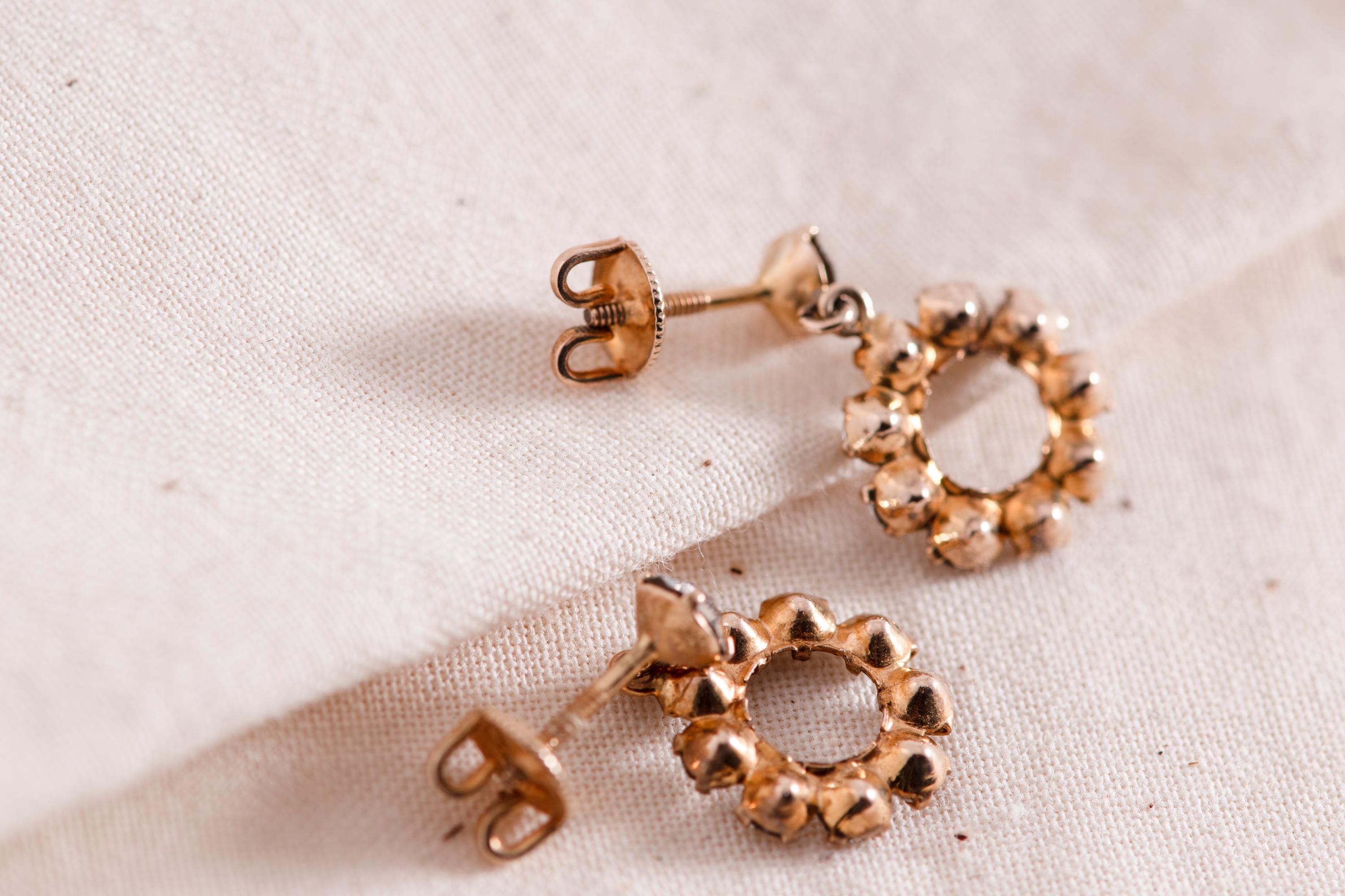 10K Gold Paste Halo Drop Earrings, Antique Style Dainty Rhinestone Dangles