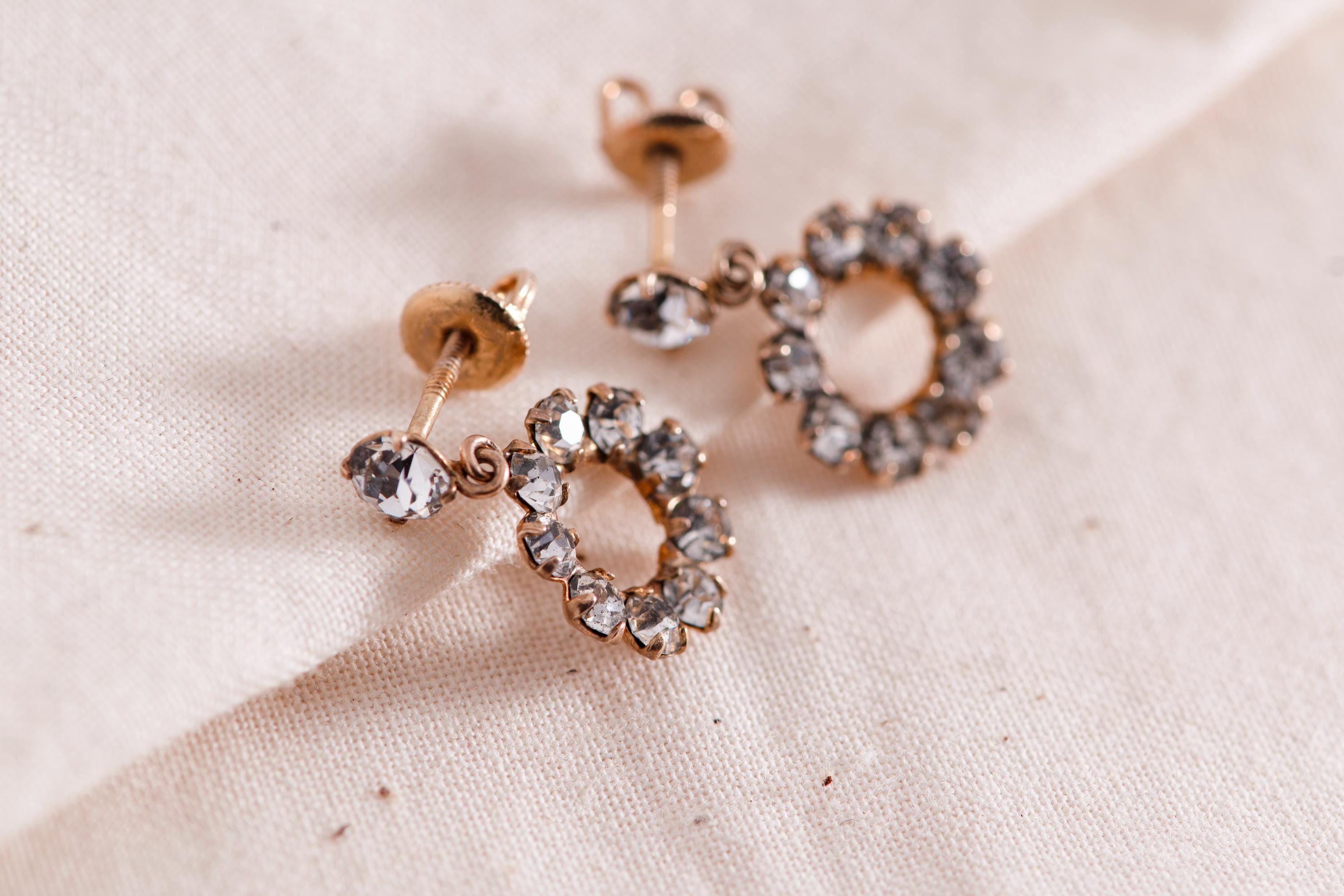 10K Gold Paste Halo Drop Earrings, Antique Style Dainty Rhinestone Dangles