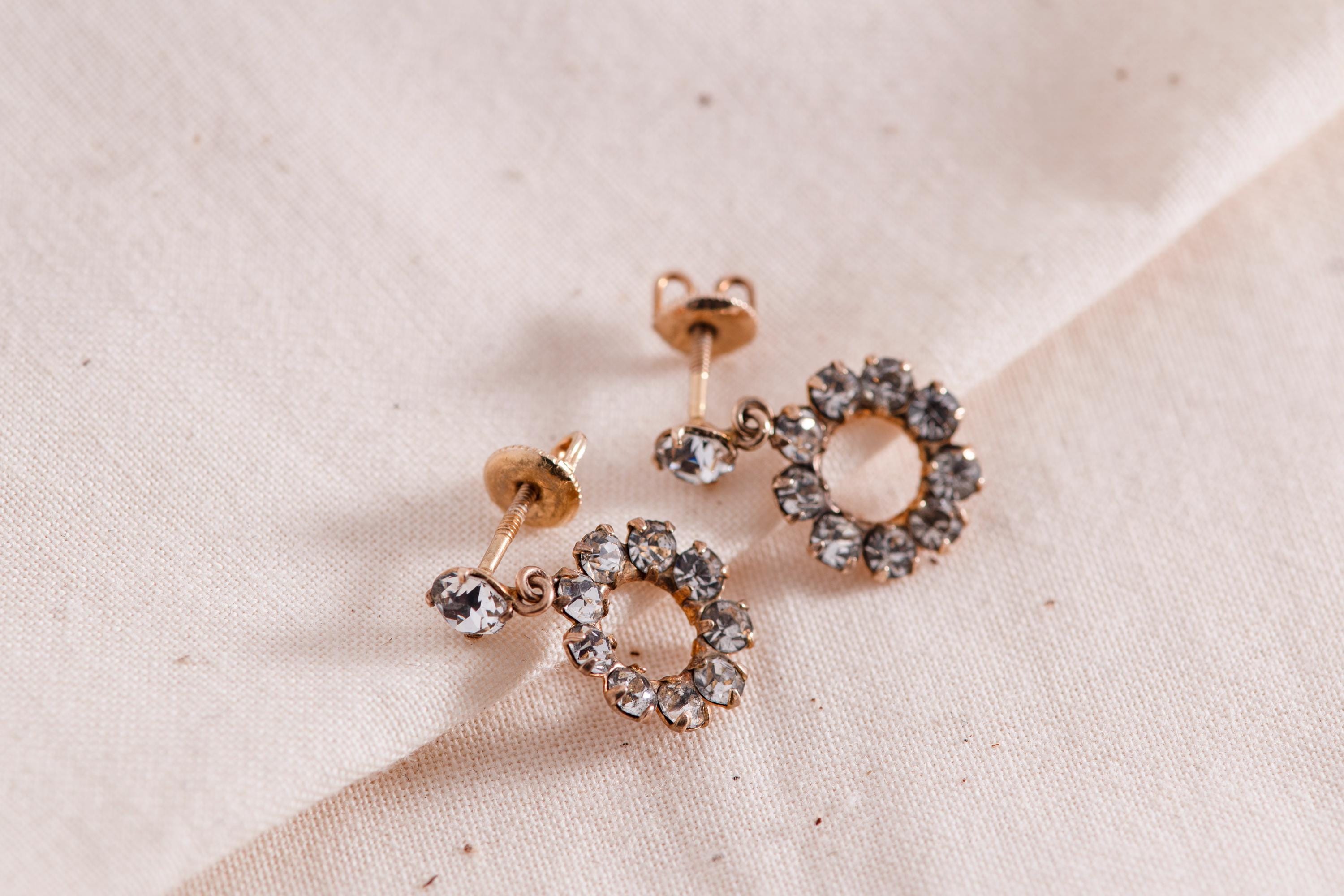 10K Gold Paste Halo Drop Earrings, Antique Style Dainty Rhinestone Dangles