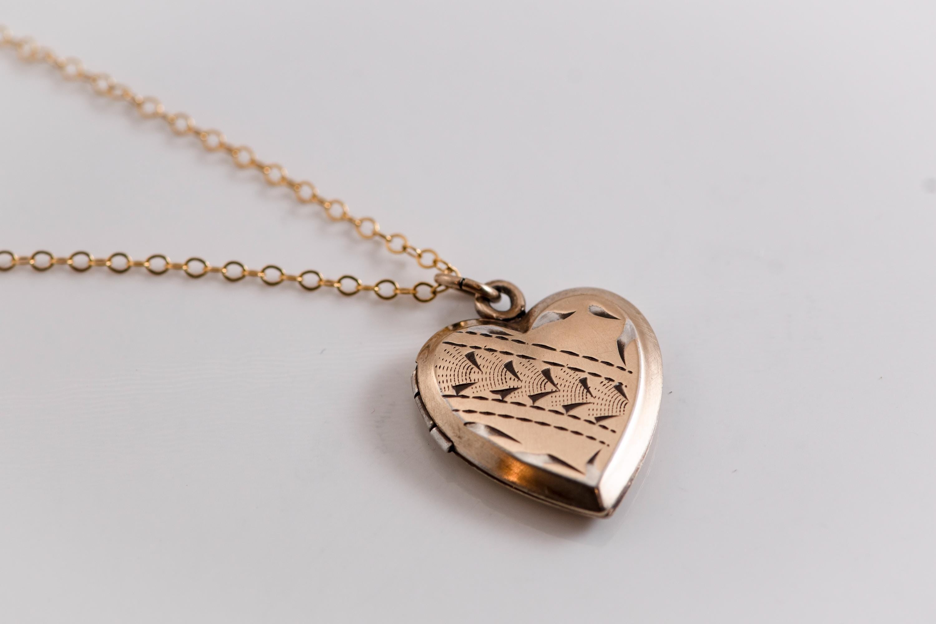 Victorian Heart Locket Necklace | 14k Gold Filled Chain, Engraved Antique