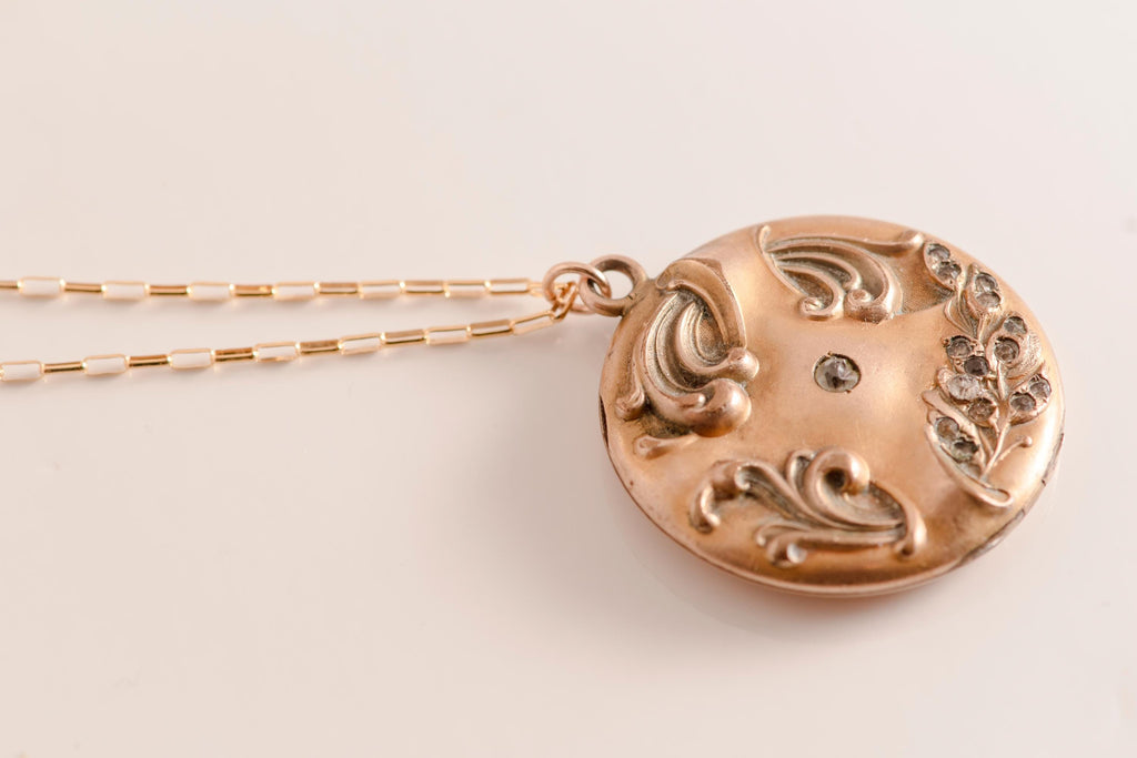 Antique Art Nouveau Locket Necklace | Gold Fill Floral Pendant, Monogram