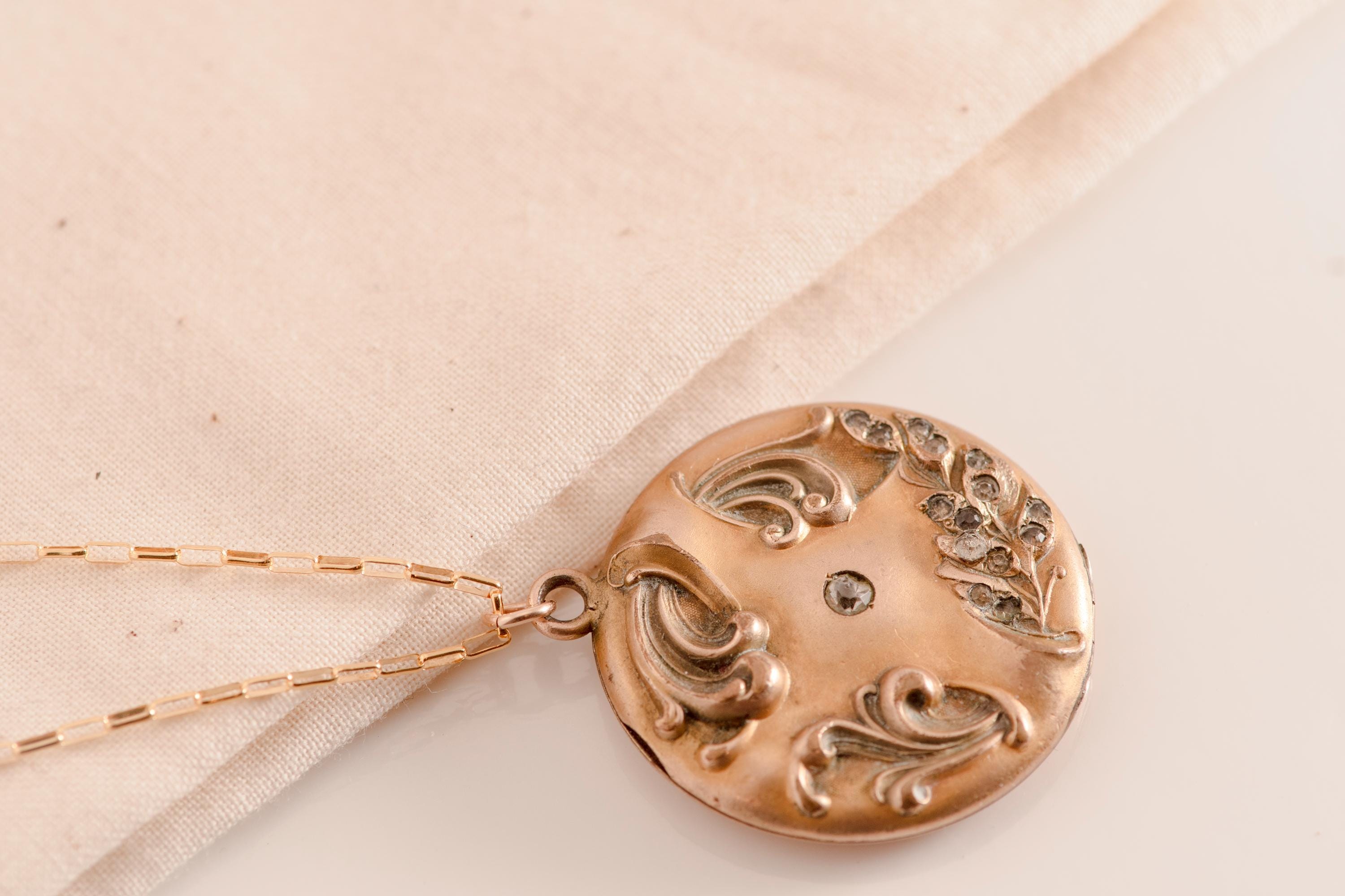 Antique Art Nouveau Locket Necklace | Gold Fill Floral Pendant, Monogram