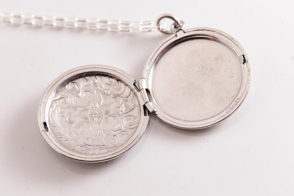 Art Deco Sterling Silver Circle Locket Necklace  Engraved Vintage Charm