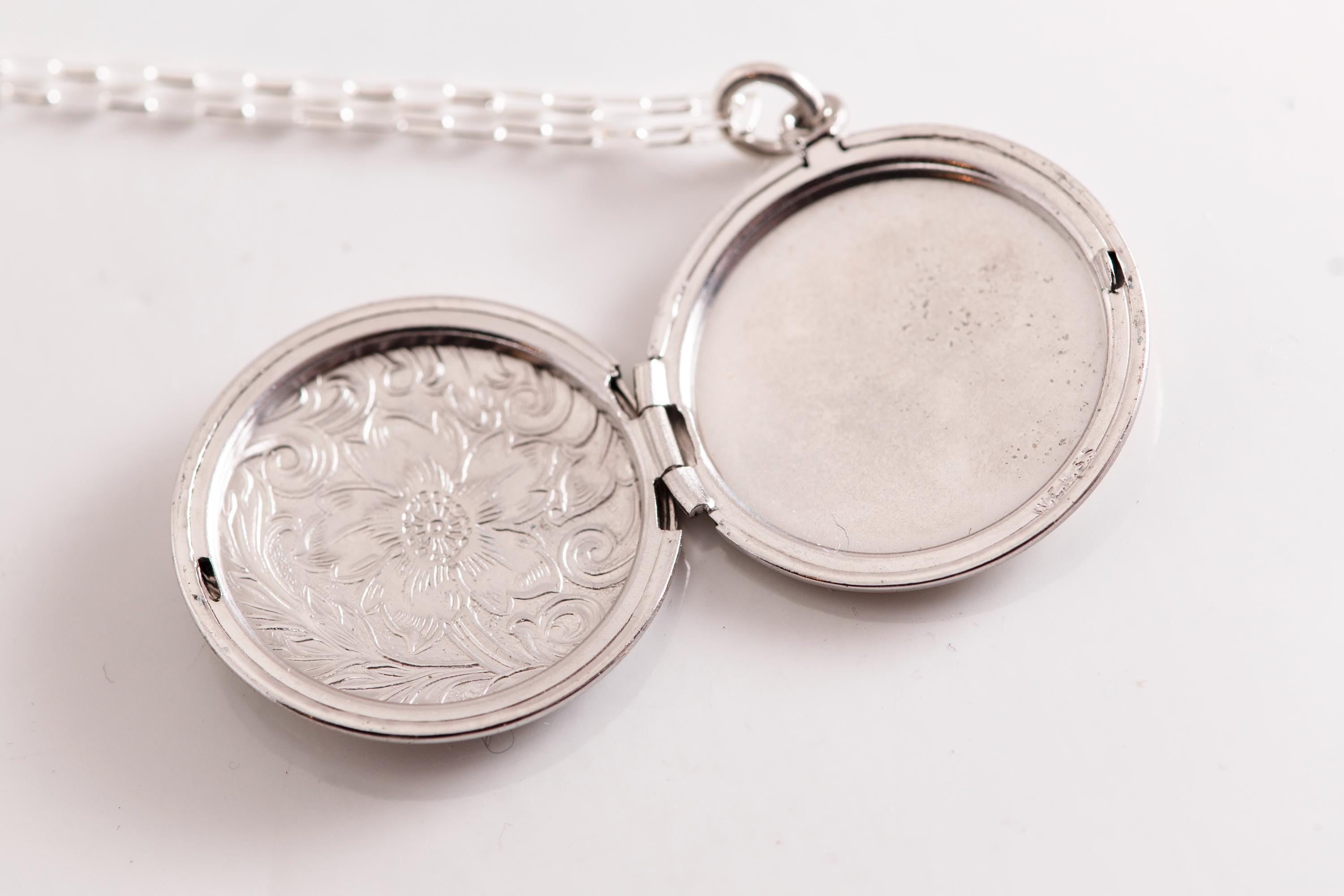 Art Deco Sterling Silver Circle Locket Necklace  Engraved Vintage Charm