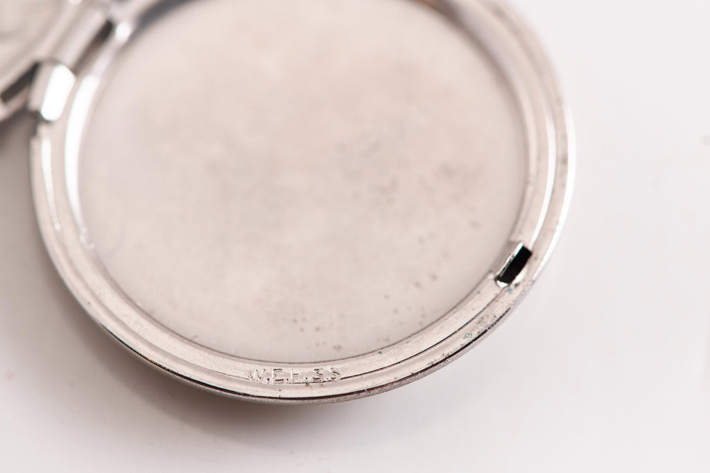 Art Deco Sterling Silver Circle Locket Necklace  Engraved Vintage Charm