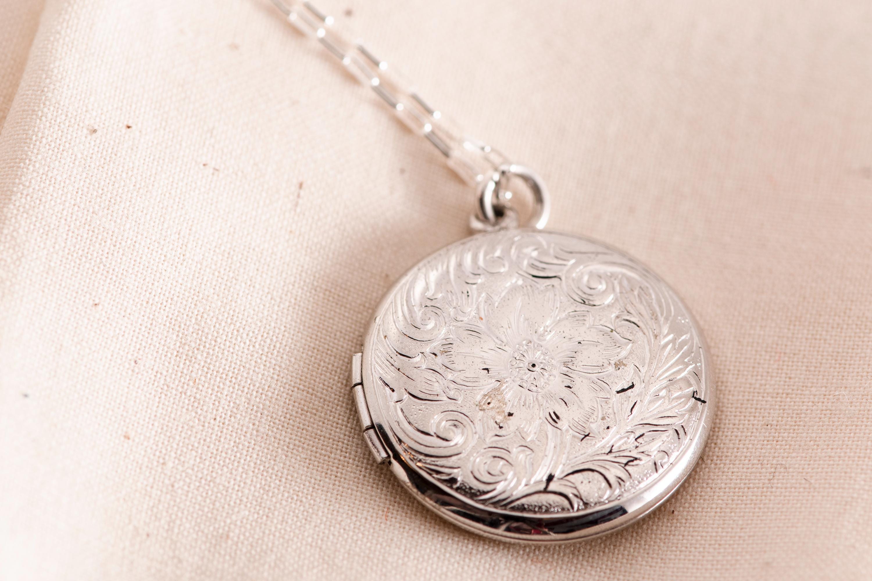 Art Deco Sterling Silver Circle Locket Necklace  Engraved Vintage Charm