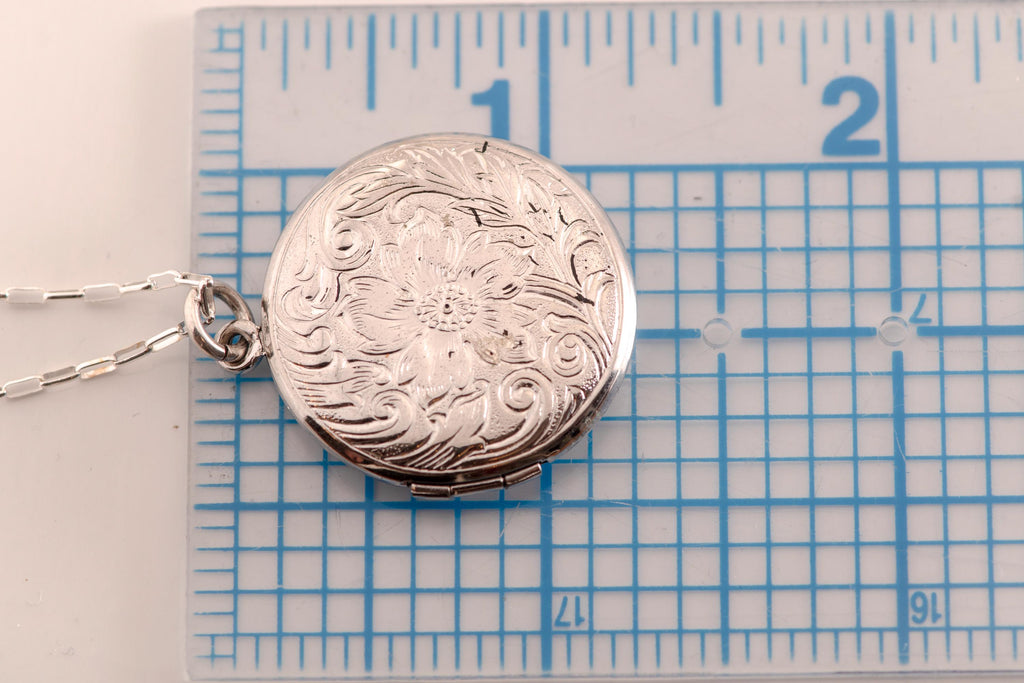 Art Deco Sterling Silver Circle Locket Necklace  Engraved Vintage Charm